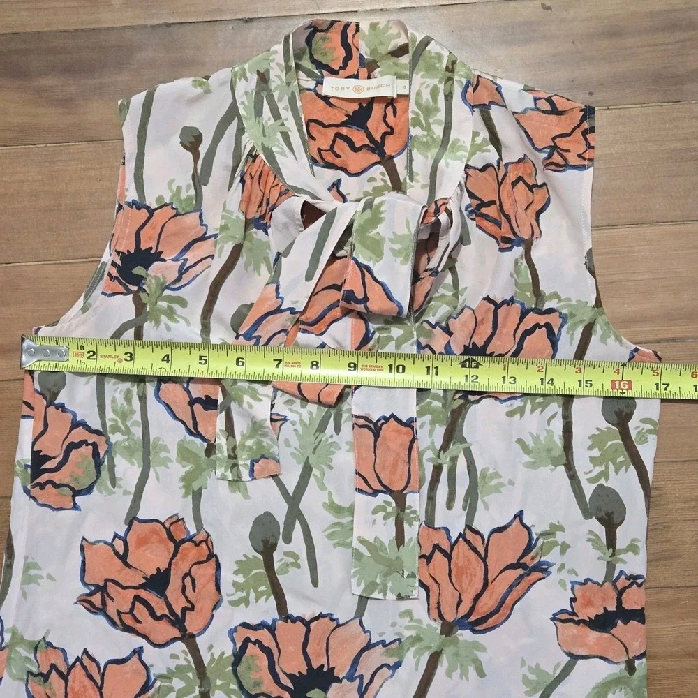 Tory Burch‎ Silk Floral Tie Neck Blouse Size 0 Sleeveless Poppy Print